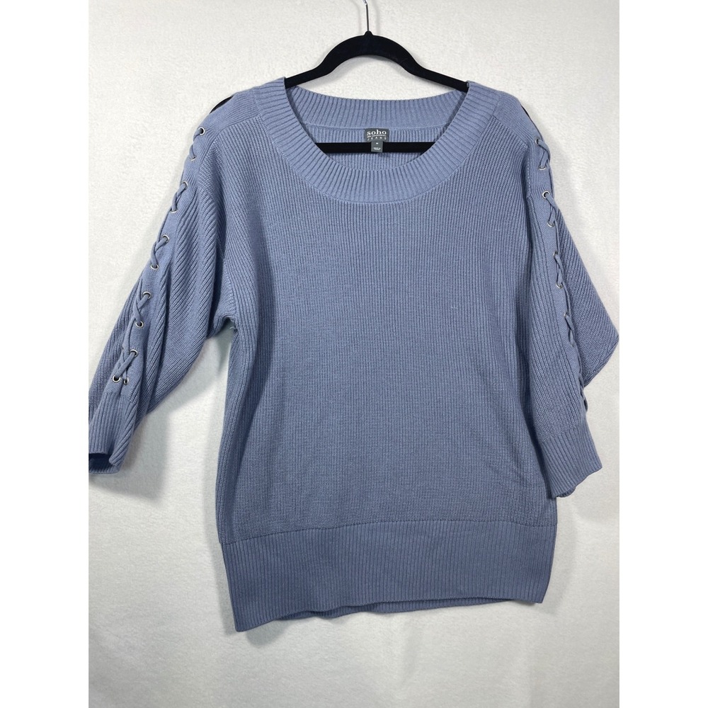 Soho New York Company Jeans Womens Sweater M Blue Lace Up Sleeve Pullover